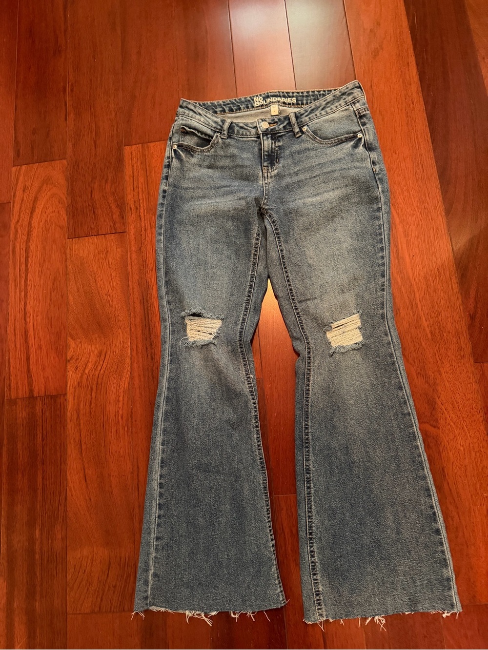 Mid-Rise Distressed Flare Jeans - Blue